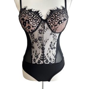 Haute Monde Black Lace One Piece Teddy Underwire Bra Snap Crotch Size Small